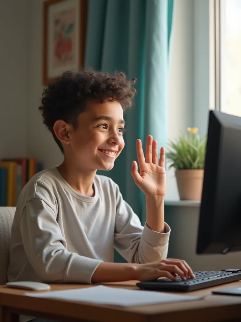 primary school student studying for the selective school exam waving goodbye to their online tutor.